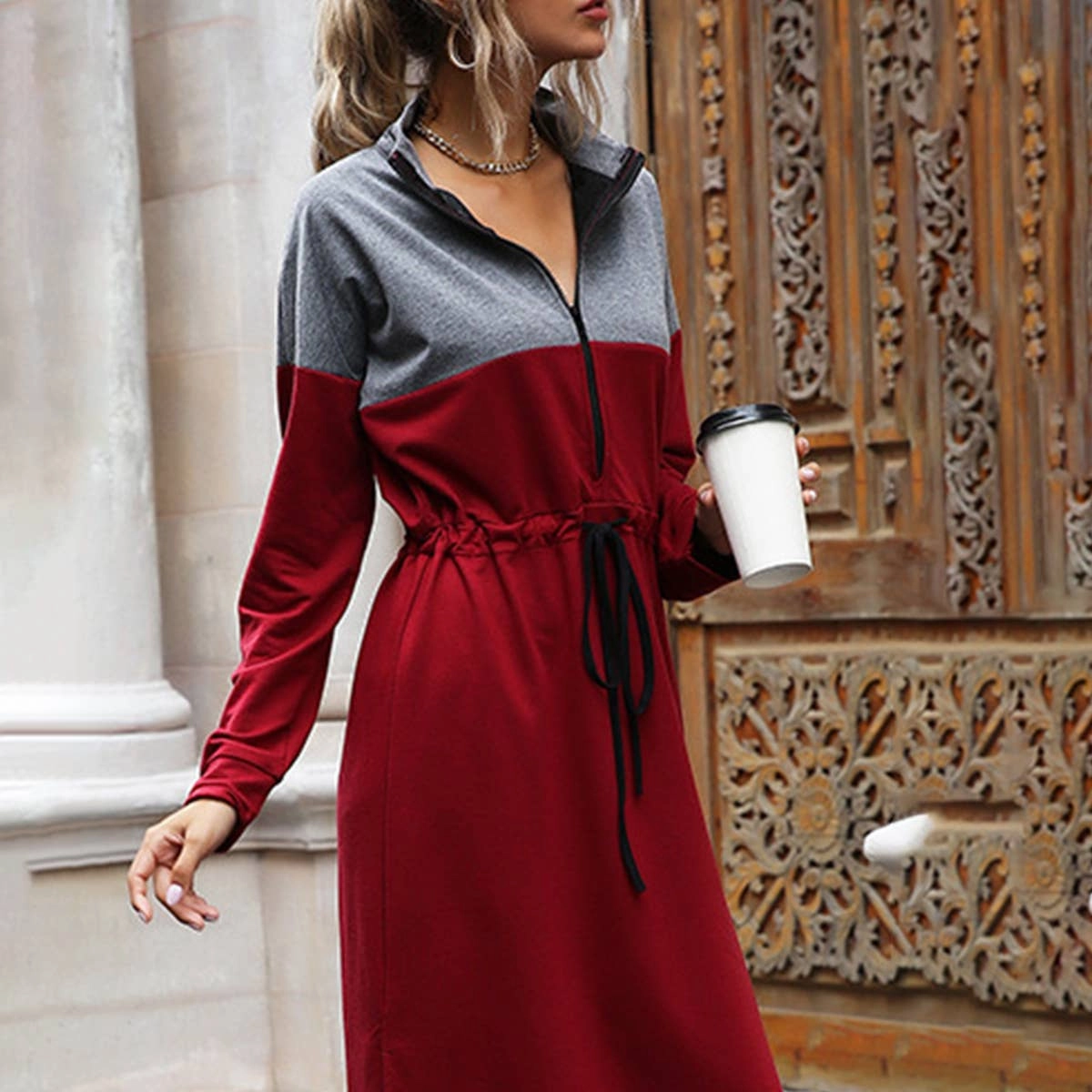 Flattering Layer Square Neck CASUAL COLOR CONTRAST SPLIT HOODIE DRESS_CWDSD4338