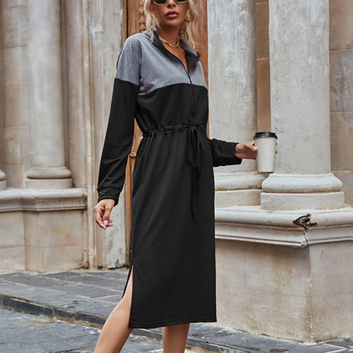 foldable CASUAL COLOR CONTRAST SPLIT HOODIE DRESS_CWDSD4338