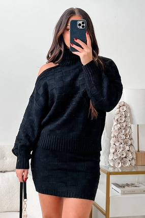 Layered Structure Airy Look Collection Of Memories Woven Sweater & Skirt Set (Black)