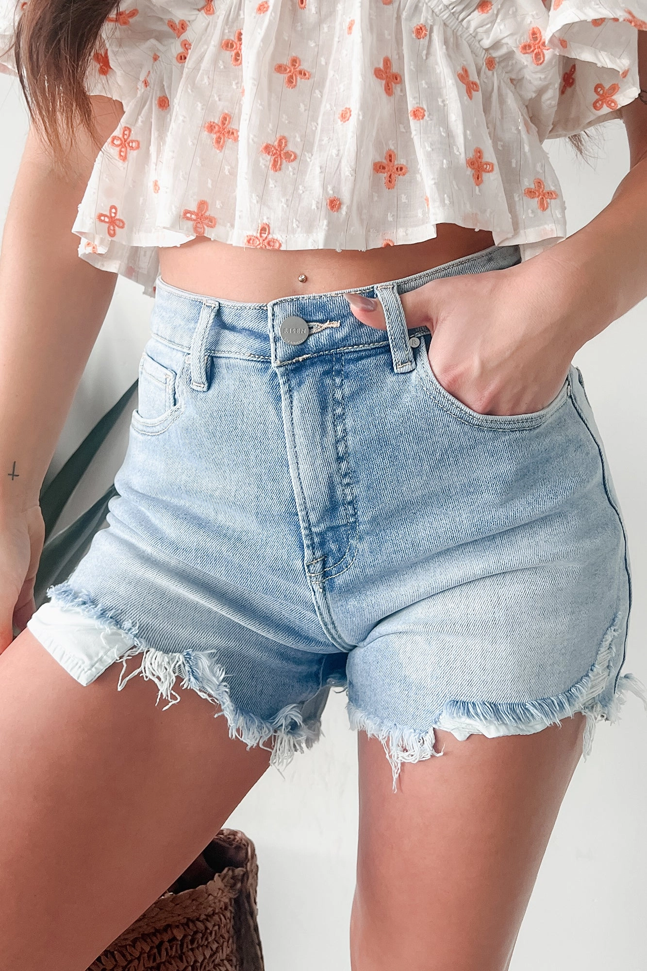 Fresh Take High Rise Distressed Risen Denim Shorts (Light) City Wear