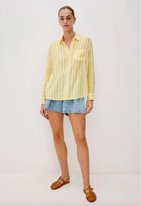 Comfy Layer Breathable Knit Fabric Charli Button-Down Daffodil Stripe
