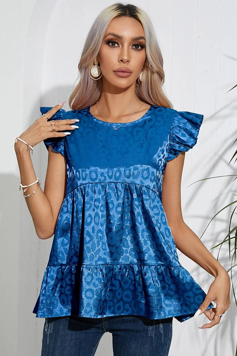 FRILL SLEEVE PATTERNED JACQUARD TUNIC TOP Contrast Stitch Soft touch finish