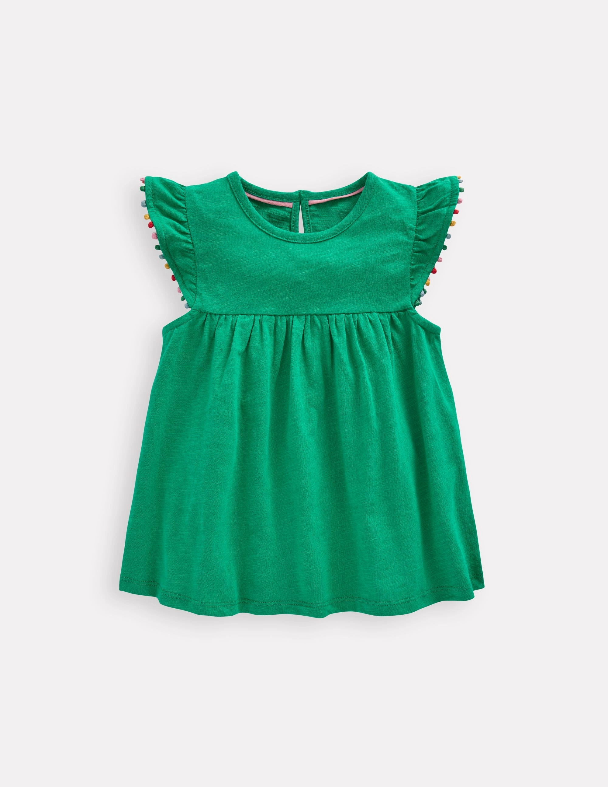 AllDayComfort Cool and Breezy Frill Sleeve Pom Top-Bright Emerald