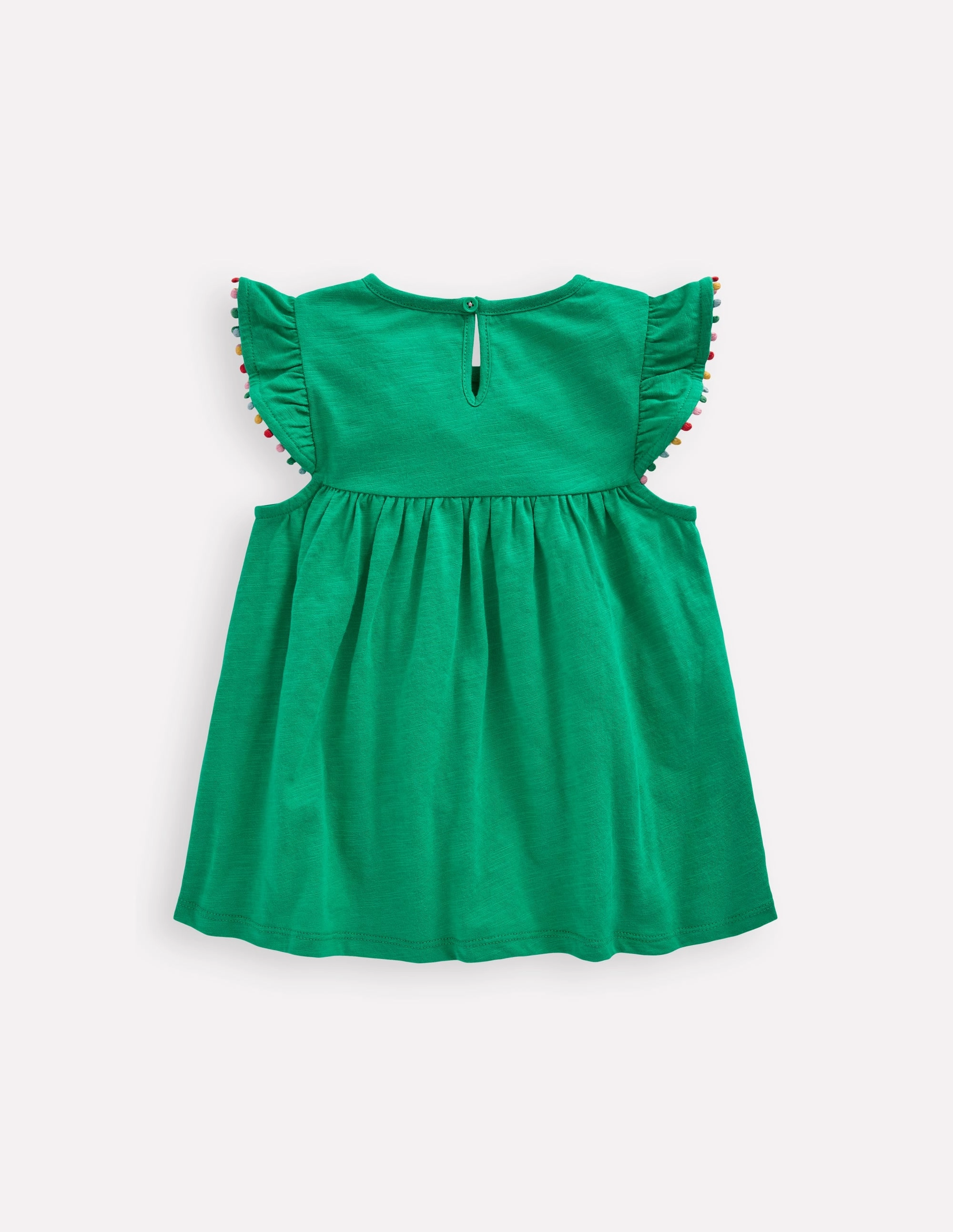 Frill Sleeve Pom Top-Bright Emerald Contrast Stitch Detail