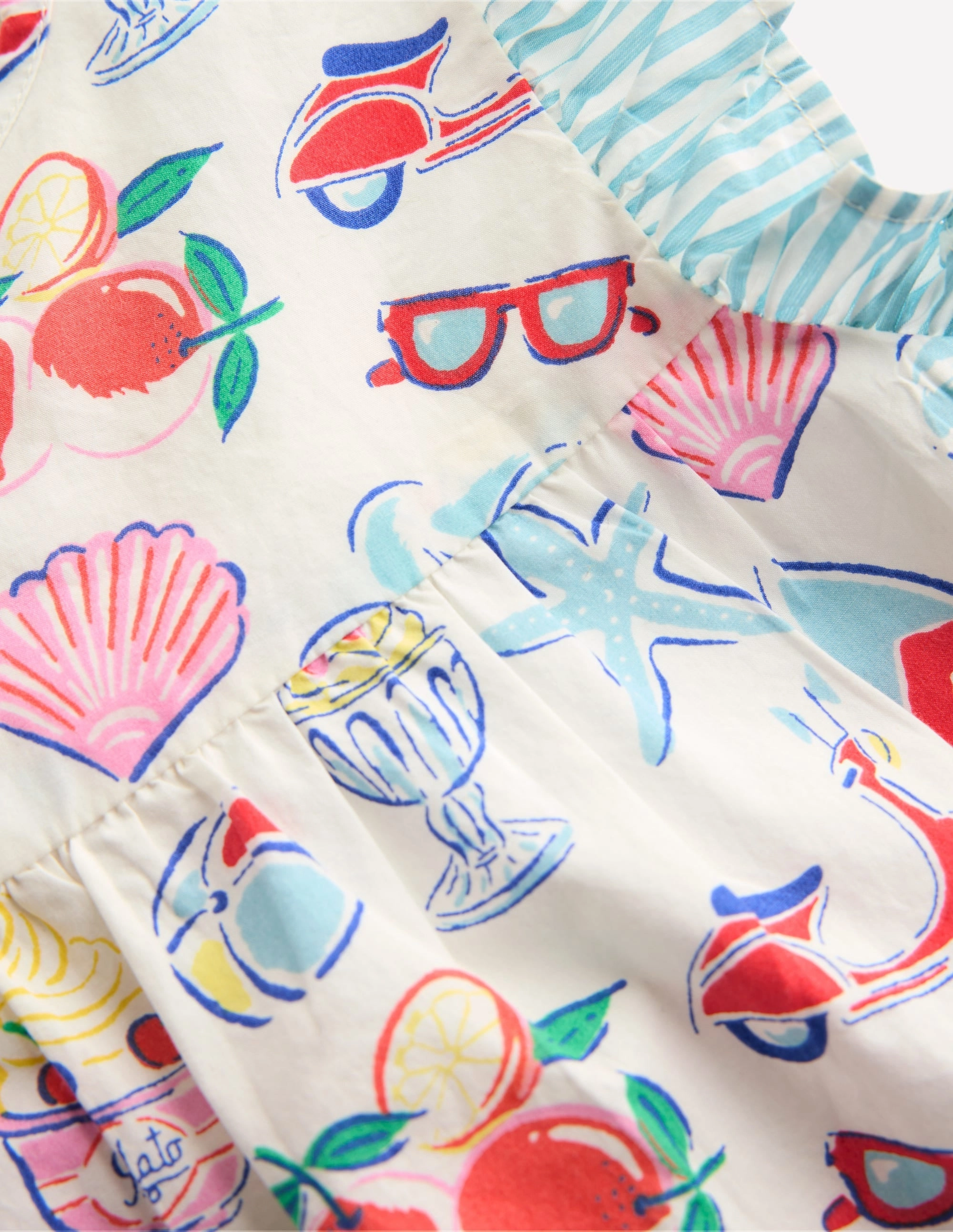 Frill Sleeve Woven Top-Ivory Holiday Print Tailored Placket