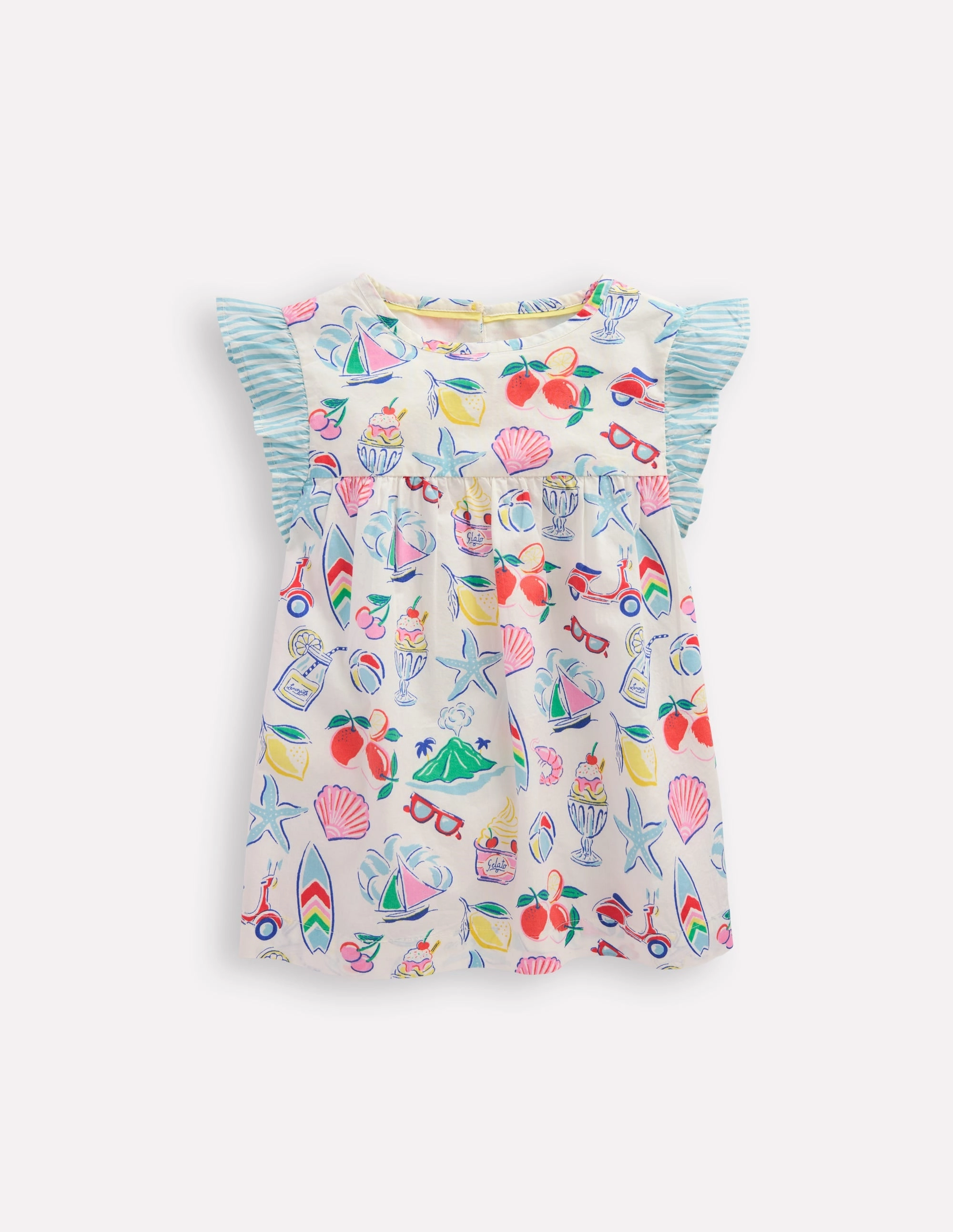 Frill Sleeve Woven Top-Ivory Holiday Print Layered Hem Reinforcement