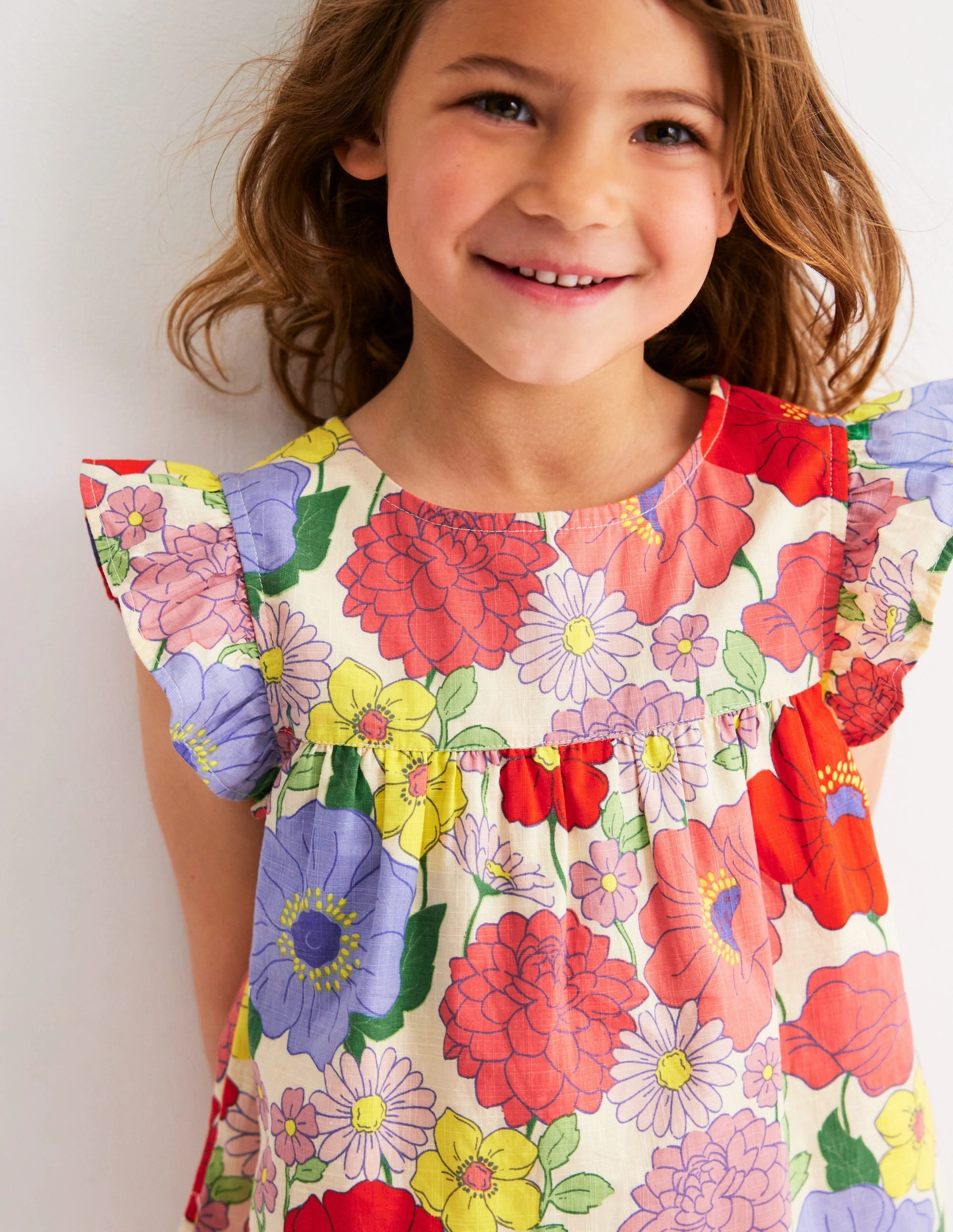 Multi Panel Design Flatlock Seam Design Frill Sleeve Woven Top-Multi Summer Garden