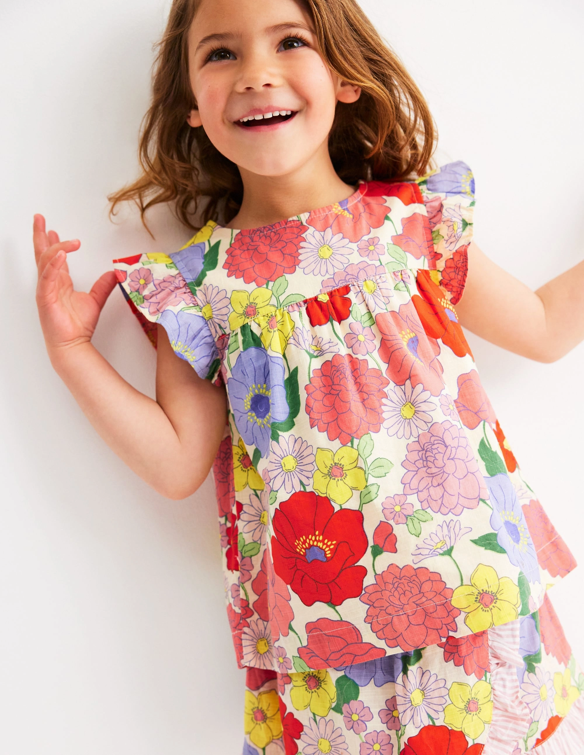 FourWayStretch Frill Sleeve Woven Top-Multi Summer Garden