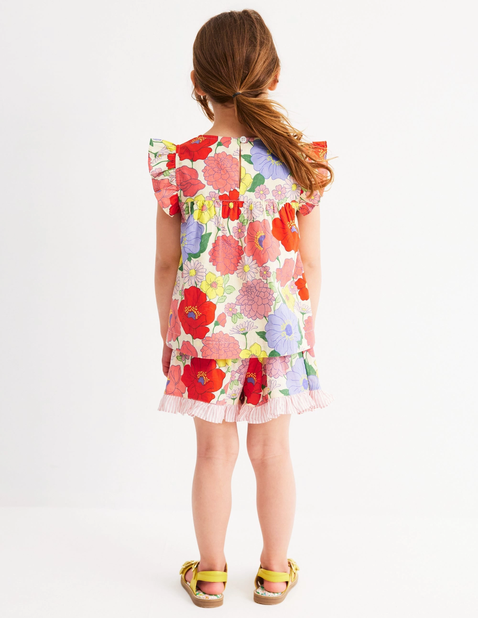 CrewNeck Frill Sleeve Woven Top-Multi Summer Garden