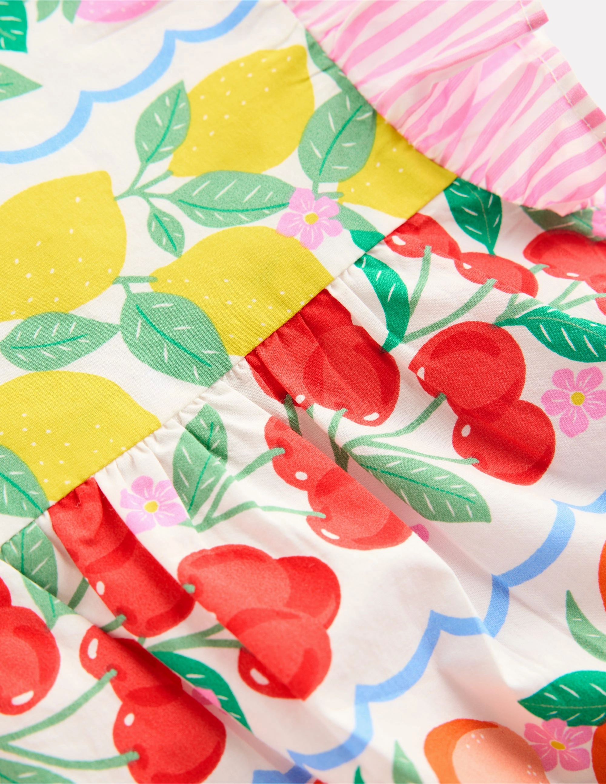 Flatlock Seams Wrinkle Resistant Texture Frill Sleeve Woven Top-Rainbow Fruit Stripe