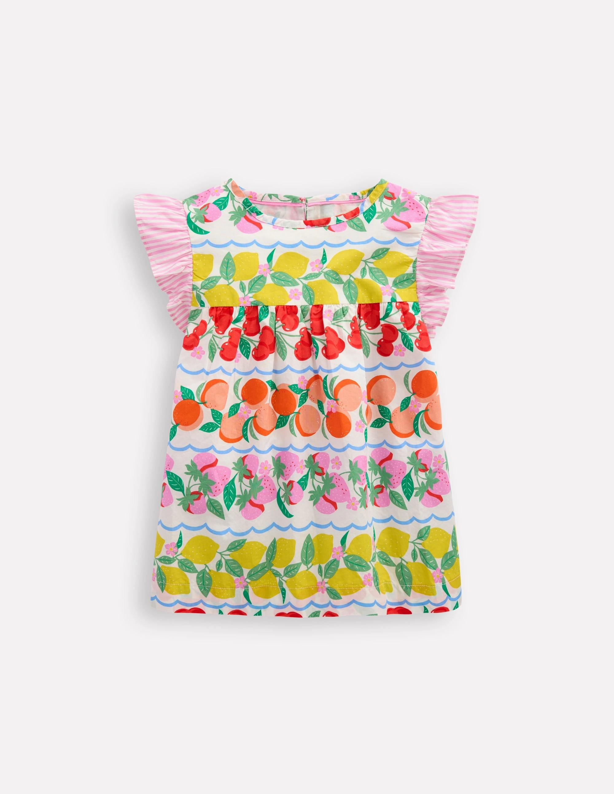 Frill Sleeve Woven Top-Rainbow Fruit Stripe Thermal Regulating Fabric FlexFit Technology