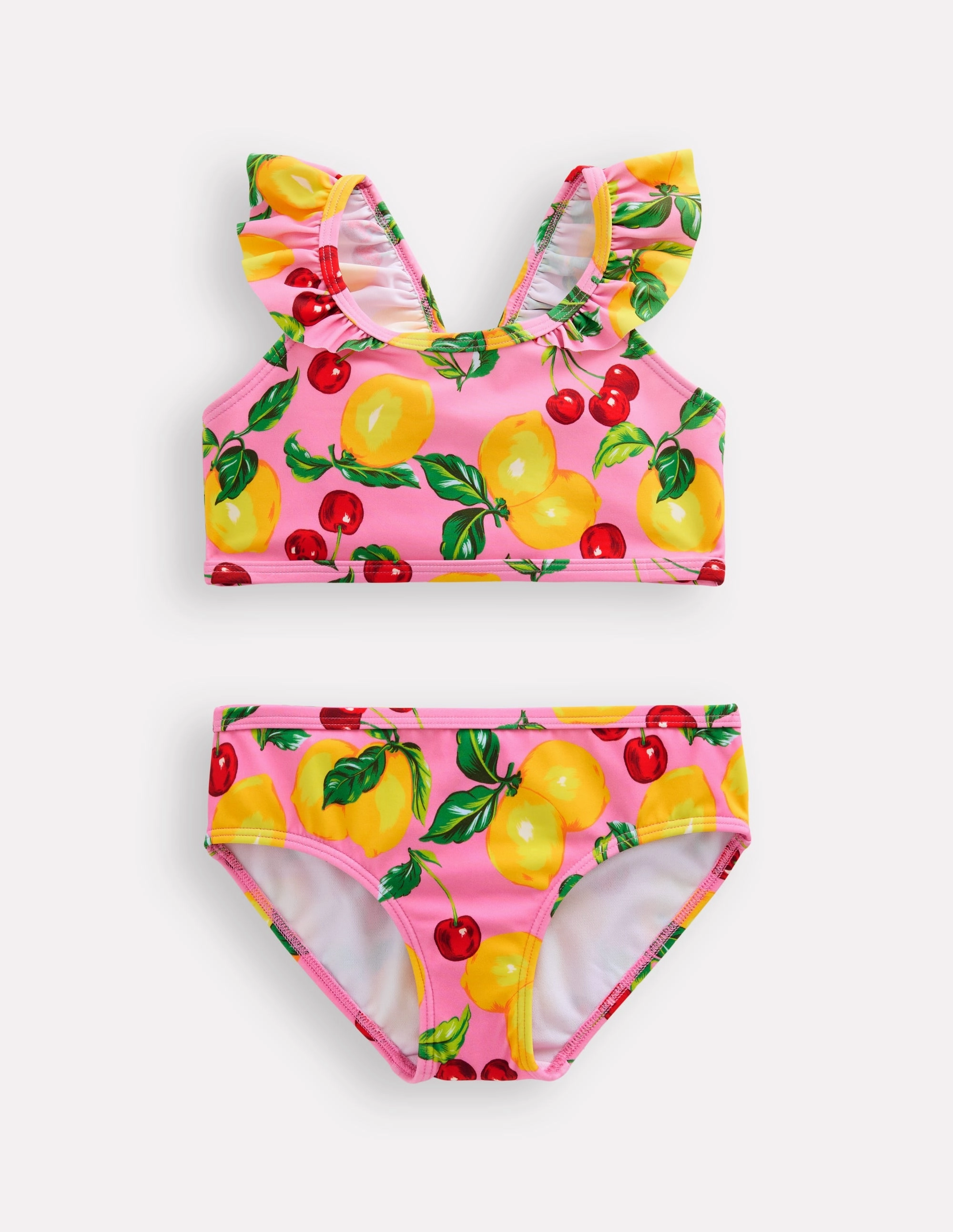Low Profile Seams Relaxing Retreat Frill Strap Bikini-Pink Lemons and Cherries