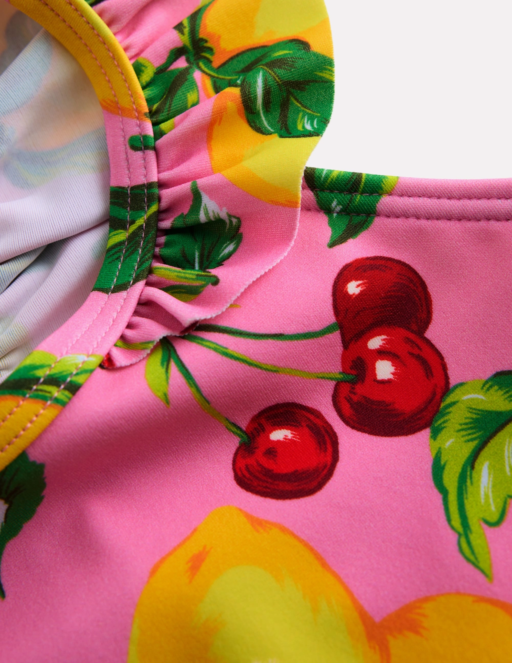 Snag Resistant Fiber Temperature Regulating Fabric Frill Strap Bikini-Pink Lemons and Cherries