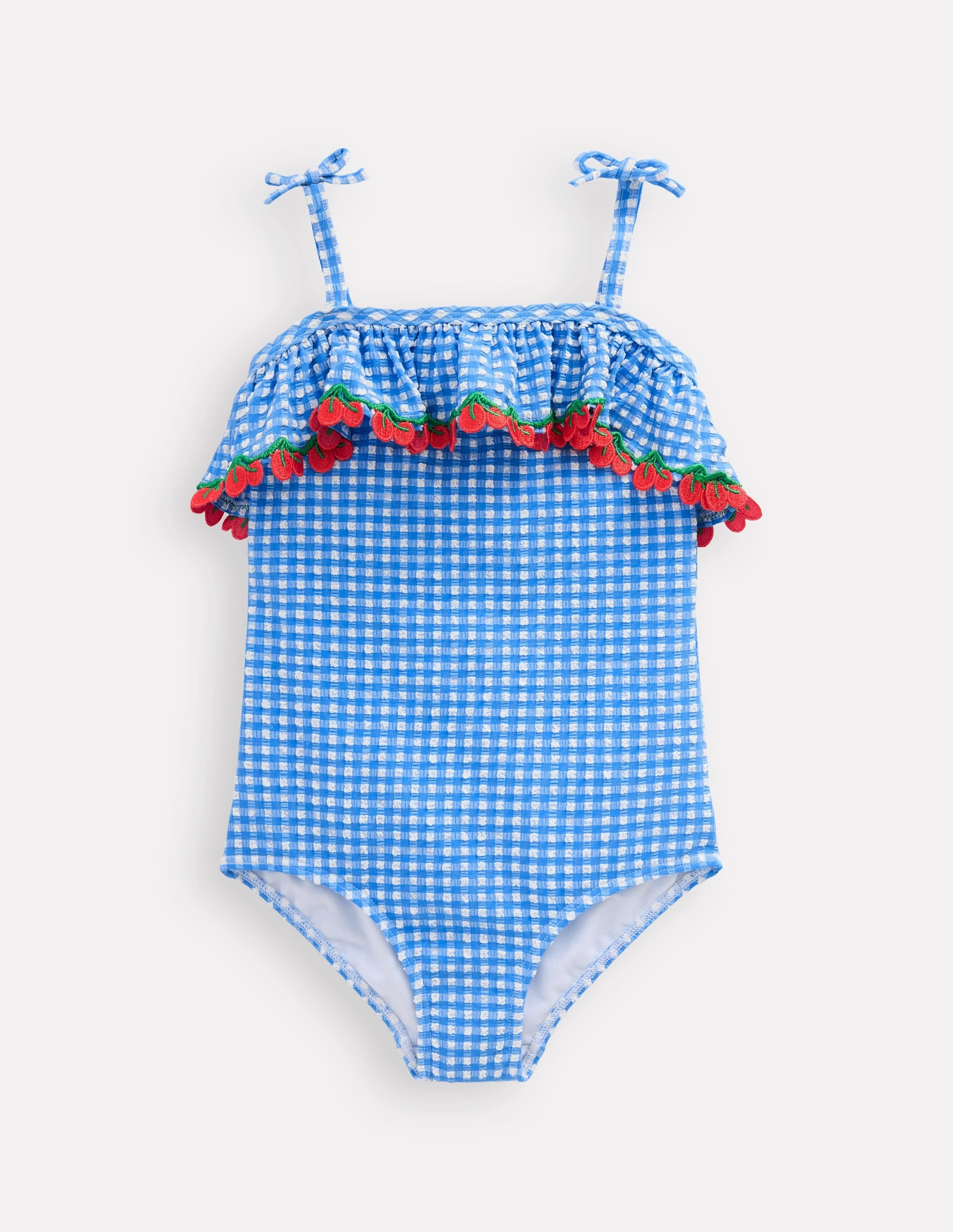 Antibacterial Treatment Frill Tie Detail Swimsuit-Blue Gingham Cherries