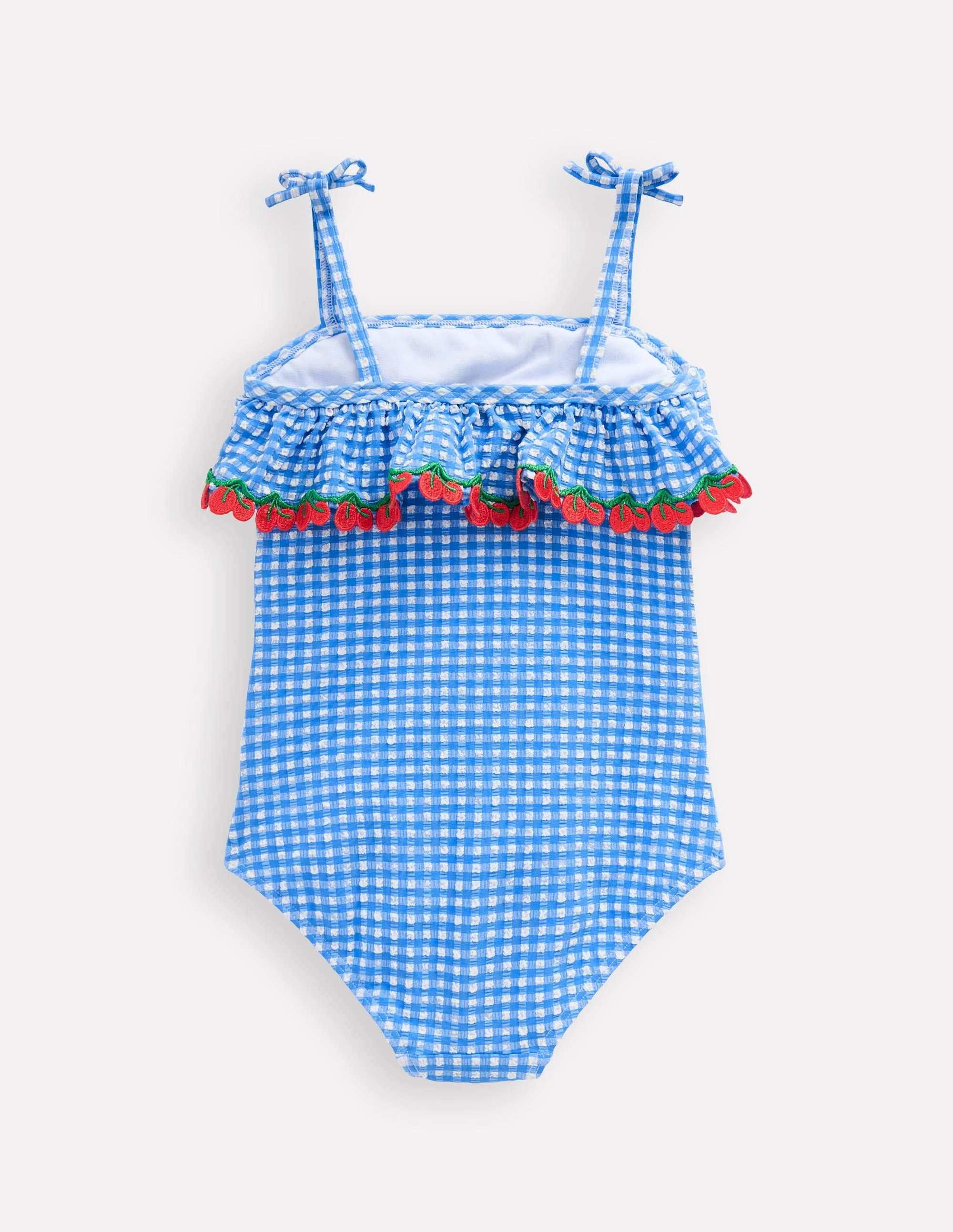 Comfort Wear Frill Tie Detail Swimsuit-Blue Gingham Cherries