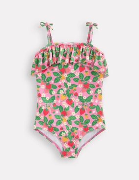 Recycled Material Mesh Lined Padding Frill Tie Detail Swimsuit-Pink Strawberry Patch