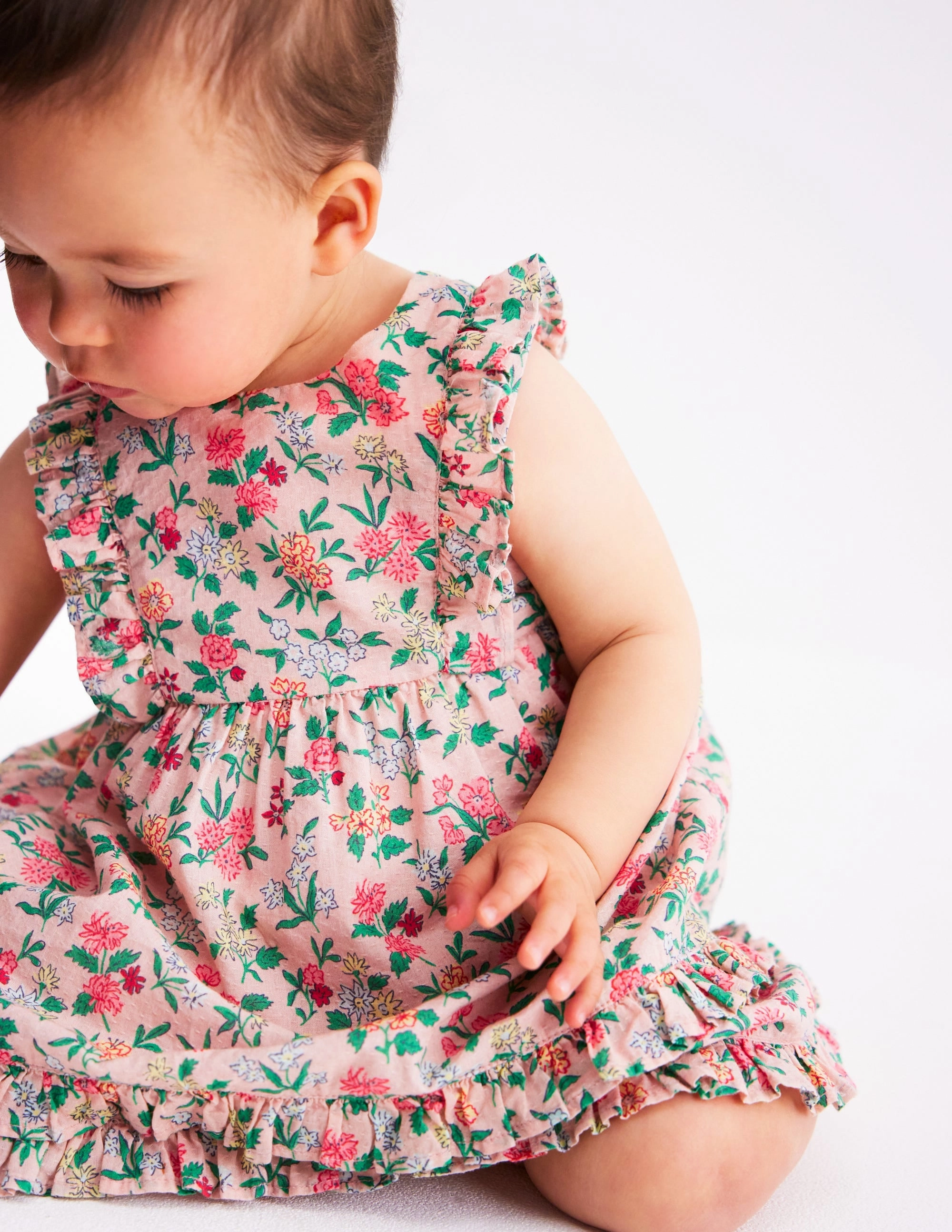 Frilly Pinny Dress-Chalk Pink Garden Ditsy Holiday Wear