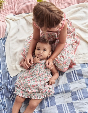 Frilly Pinny Dress-Chalk Pink Garden Ditsy Sleeveless Cut