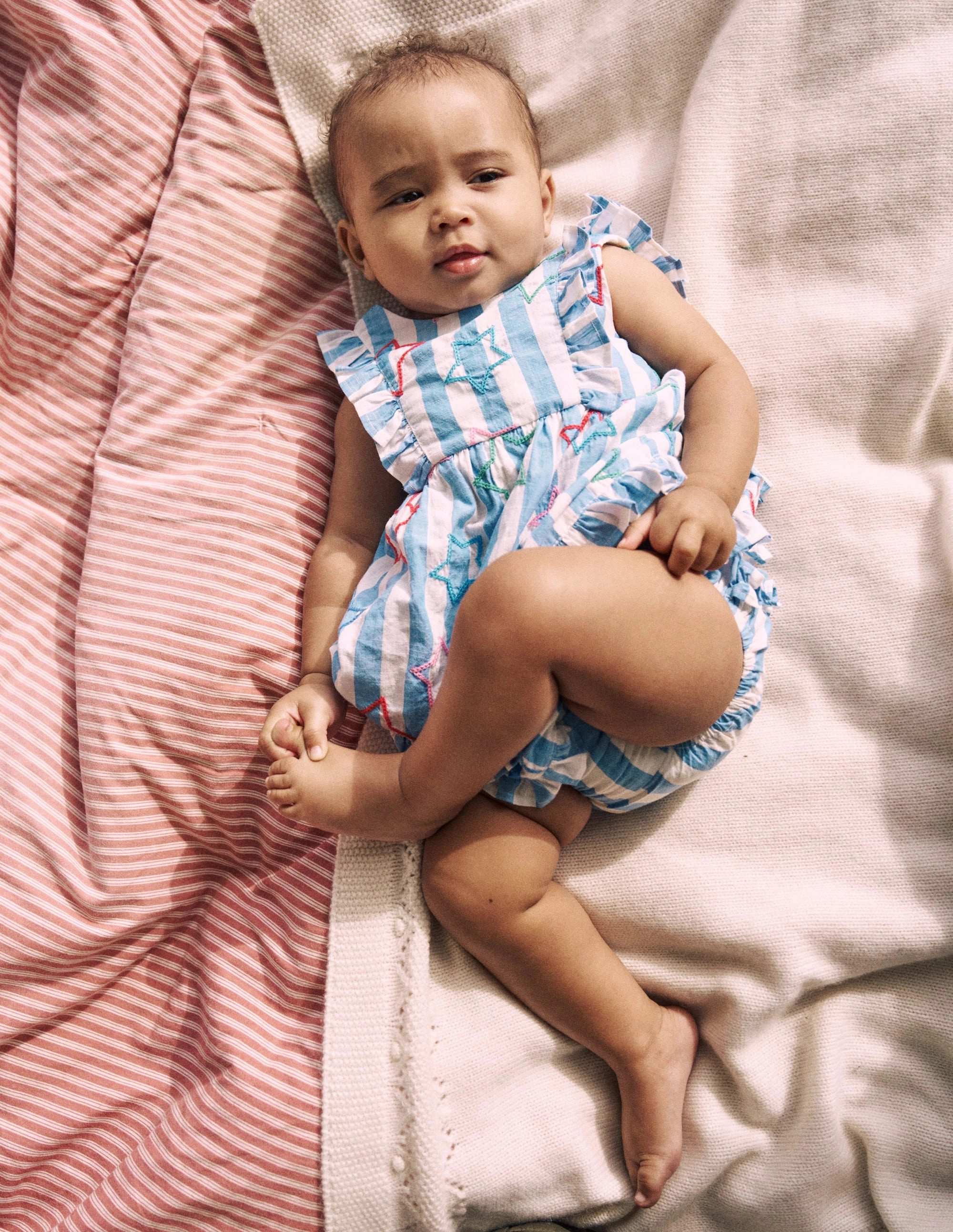 Travel Wear Fresh Tones Frilly Pinny Dress-Peacock Plume Blue Star