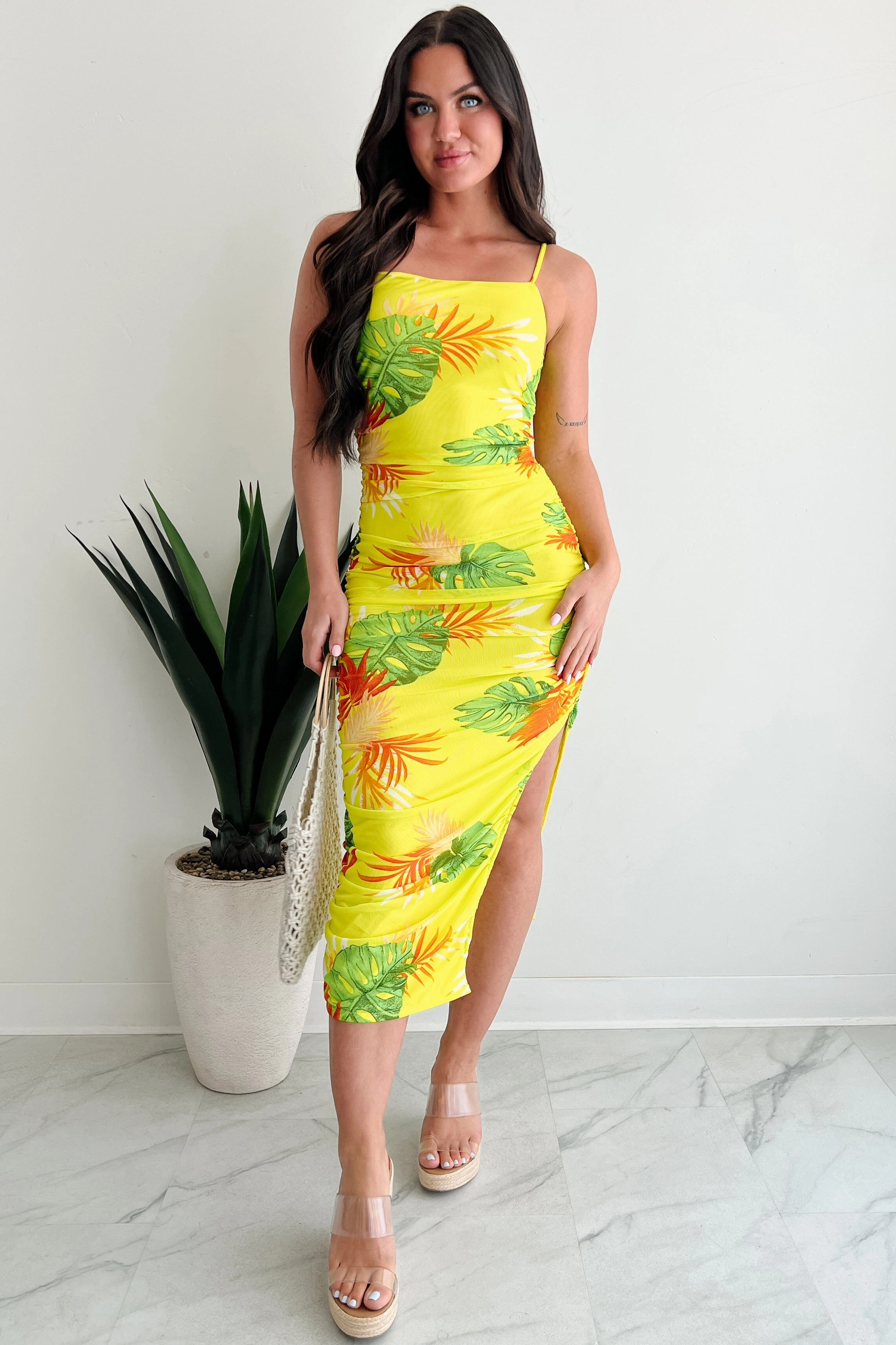 Fitted Look Poolside Chic Mesh Ruched Midi Dress (Lime)