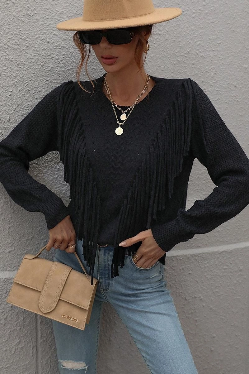 FRONT TASSEL DETAILED KNIT SWEATER TOP HighNeck