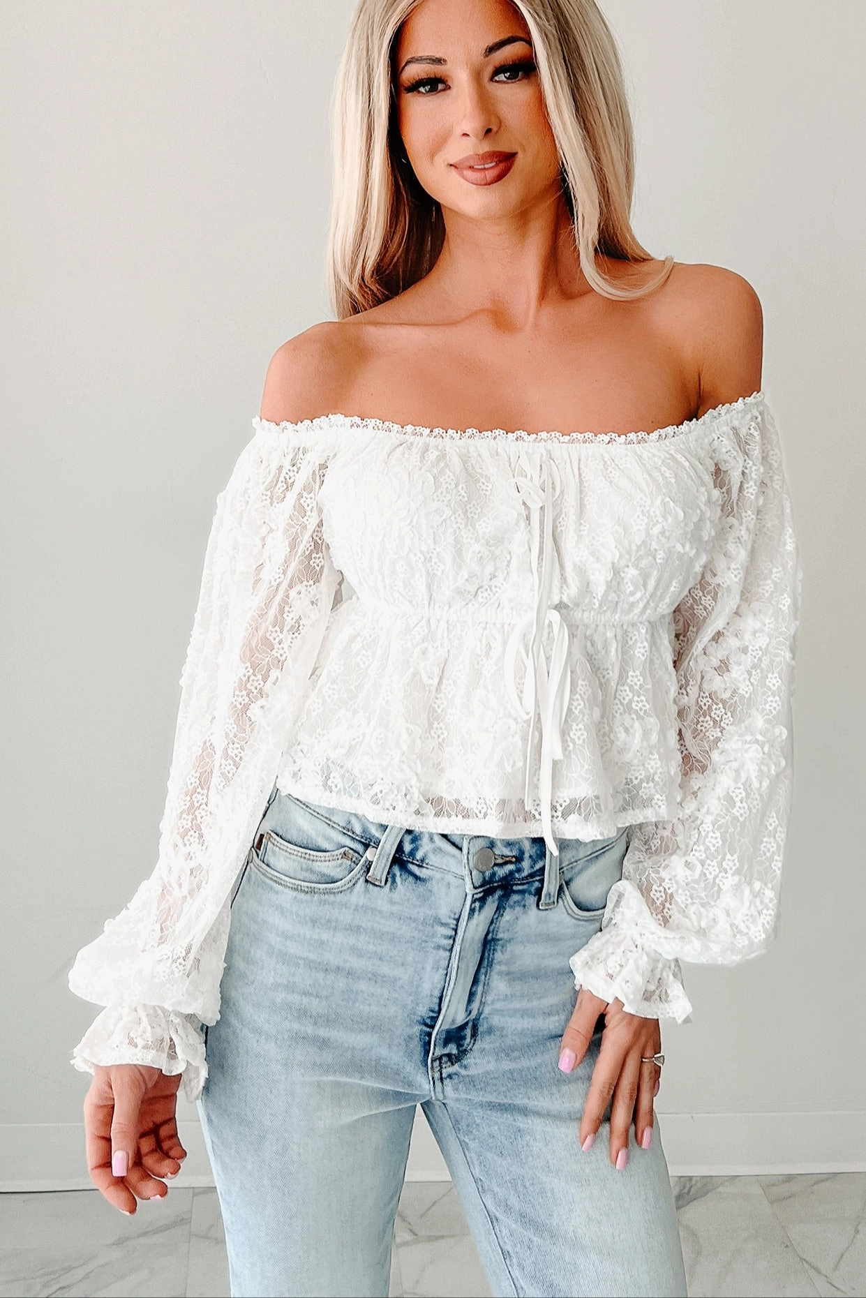 Elegant Look Frosted Whimsy Lace Long Sleeve Top (White)