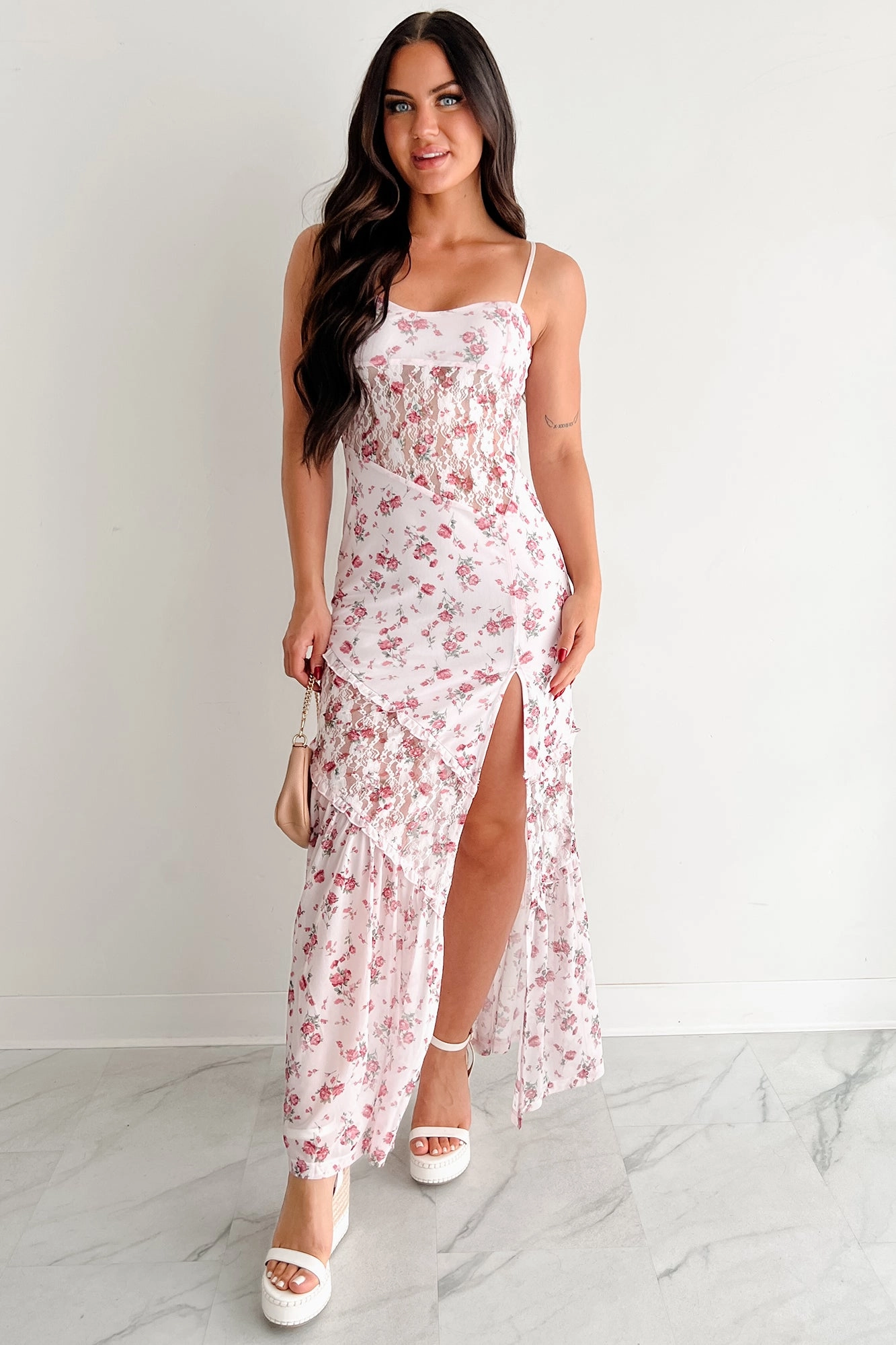 Bold colors Full-Time Flirt Floral Mesh Maxi Dress (Blush)