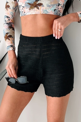 Sunny Disposition Crochet Knit Shorts (Black) Metallic accents