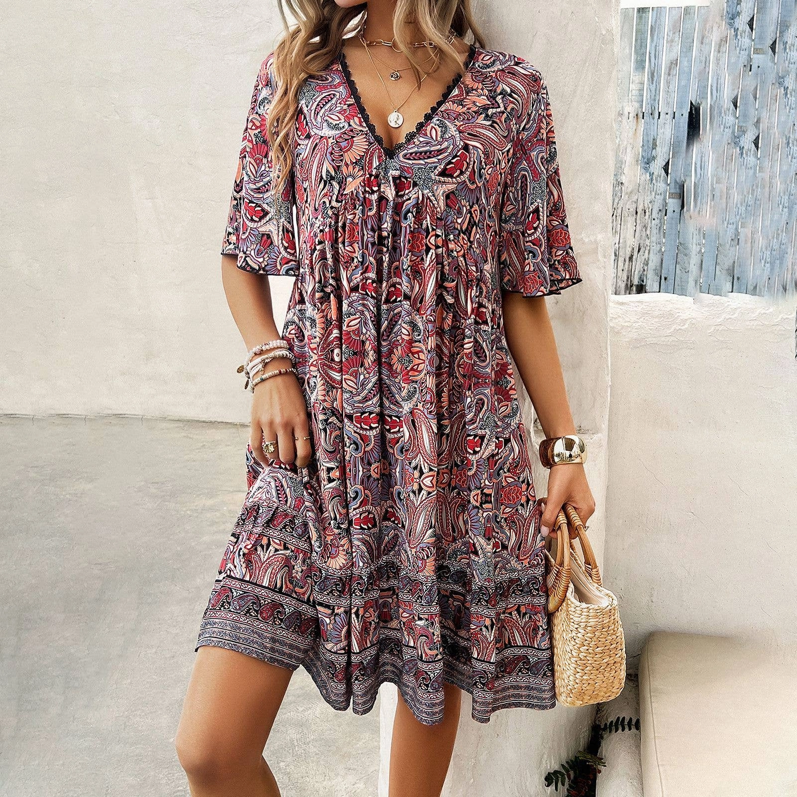 Layer Ready CASUAL HOLIDAY PRINT V-NECK DRESS_CWDSD3738