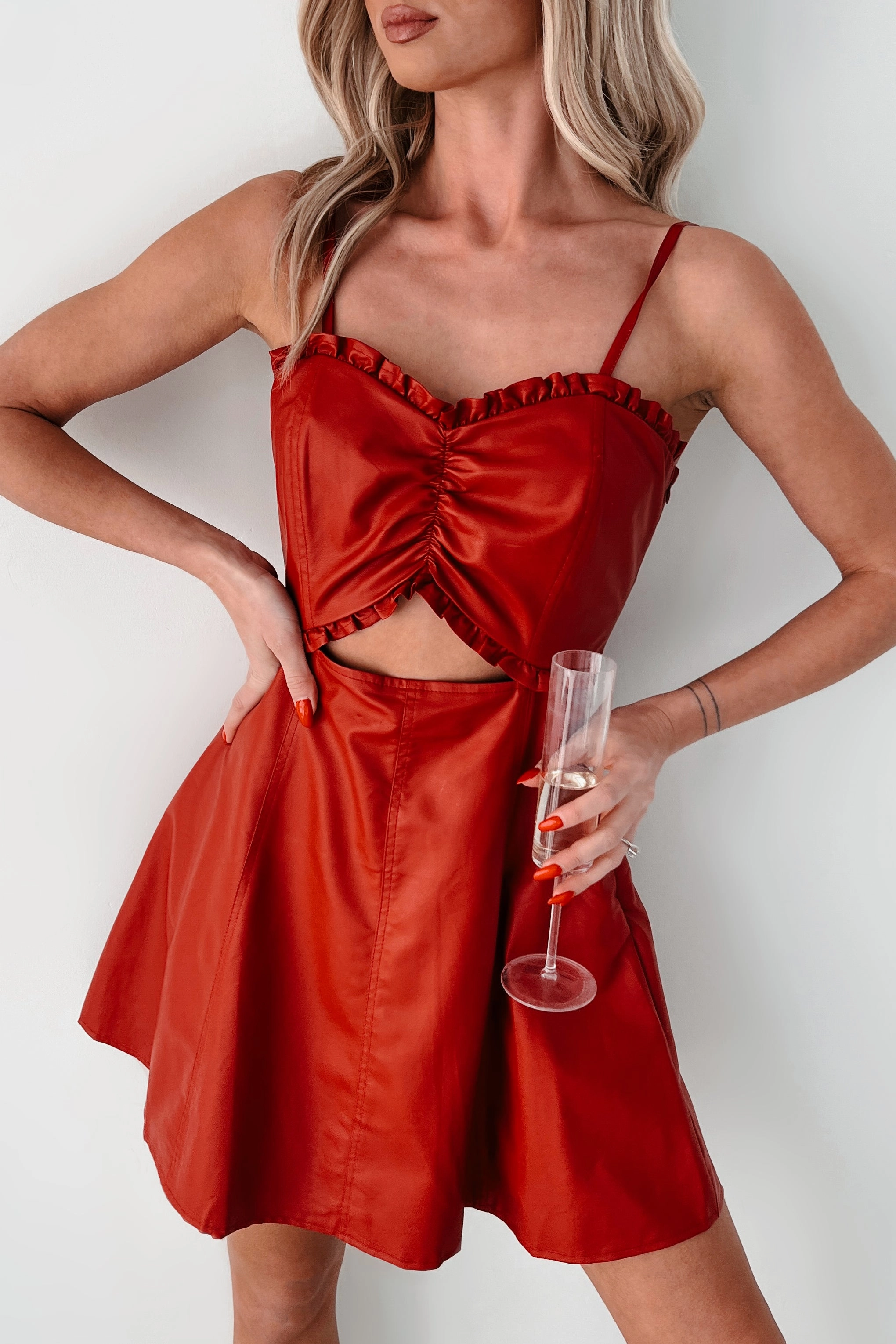 Simmering Looks Faux Leather Mini Dress (Red) Vibrant Hue Fit Mood