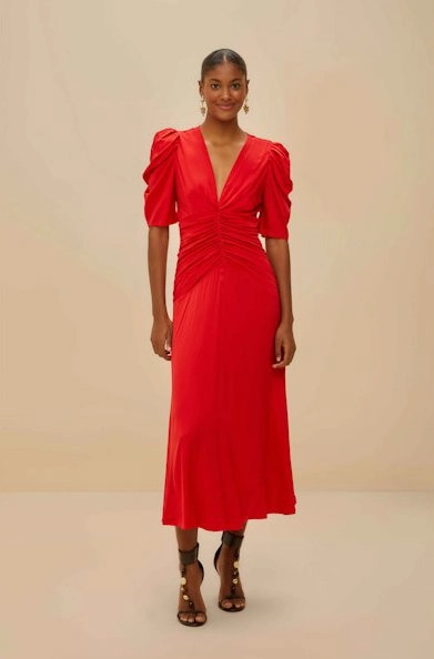 Gathered Midi Dress Red Linen Vibe Playful Twist
