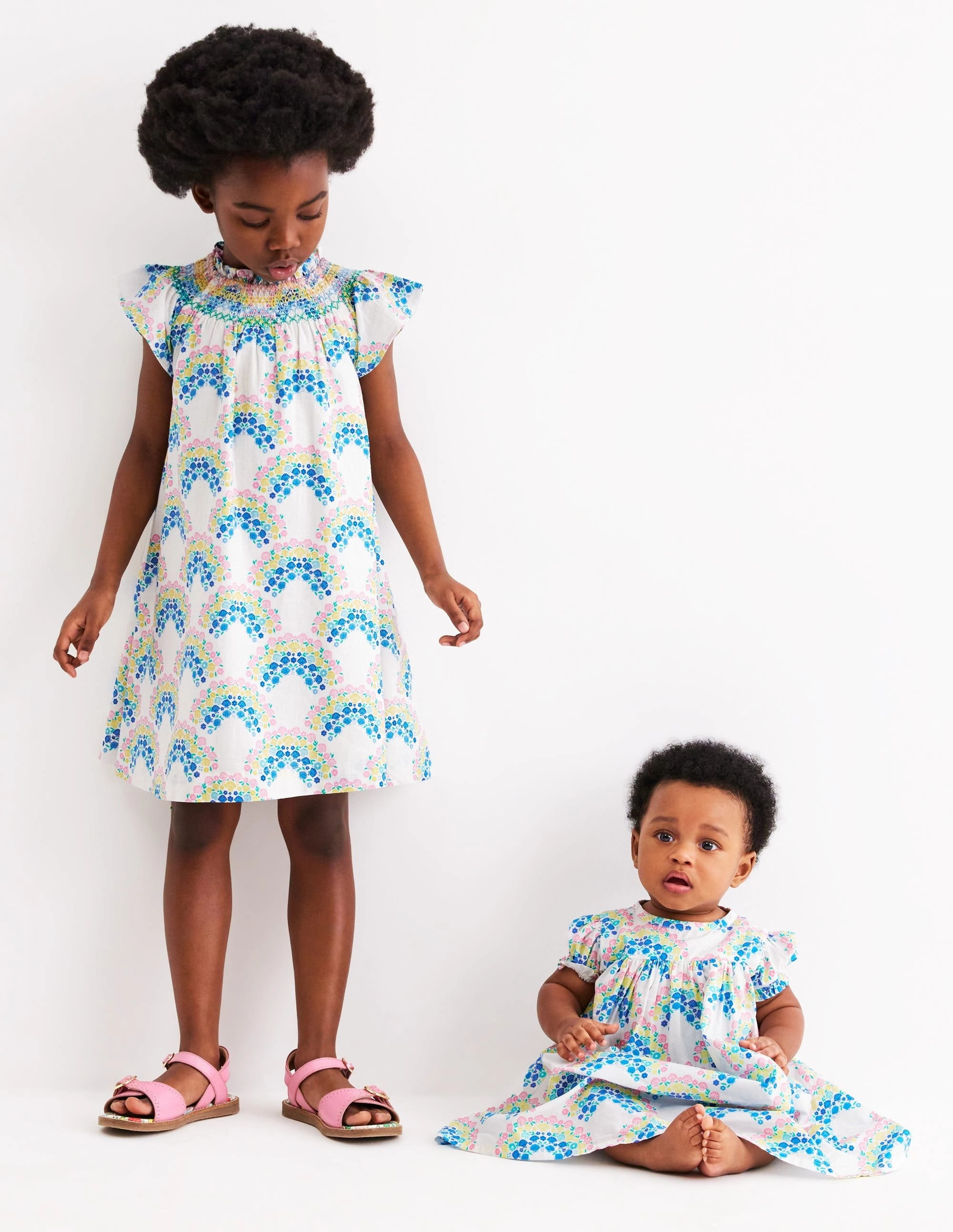 Light Silhouette Gathered Woven Dress-Coconut Milk Rainbow Shells