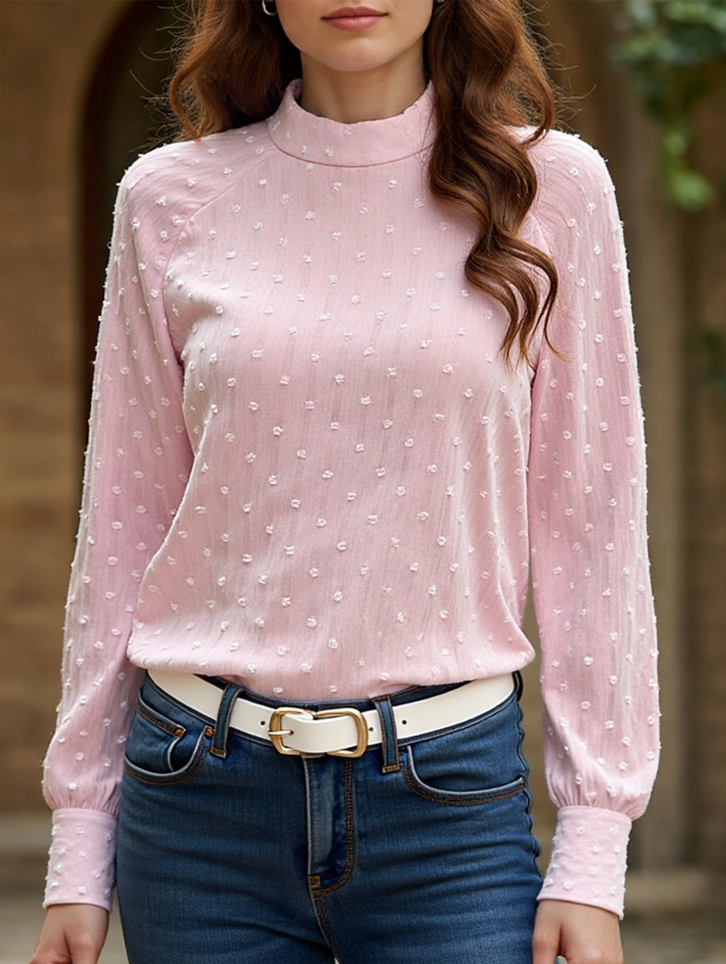 Double Layered Hem Reinforcement Adjustable Hem Gentle Style Pink Polka Dot Long Sleeve Sheer Top