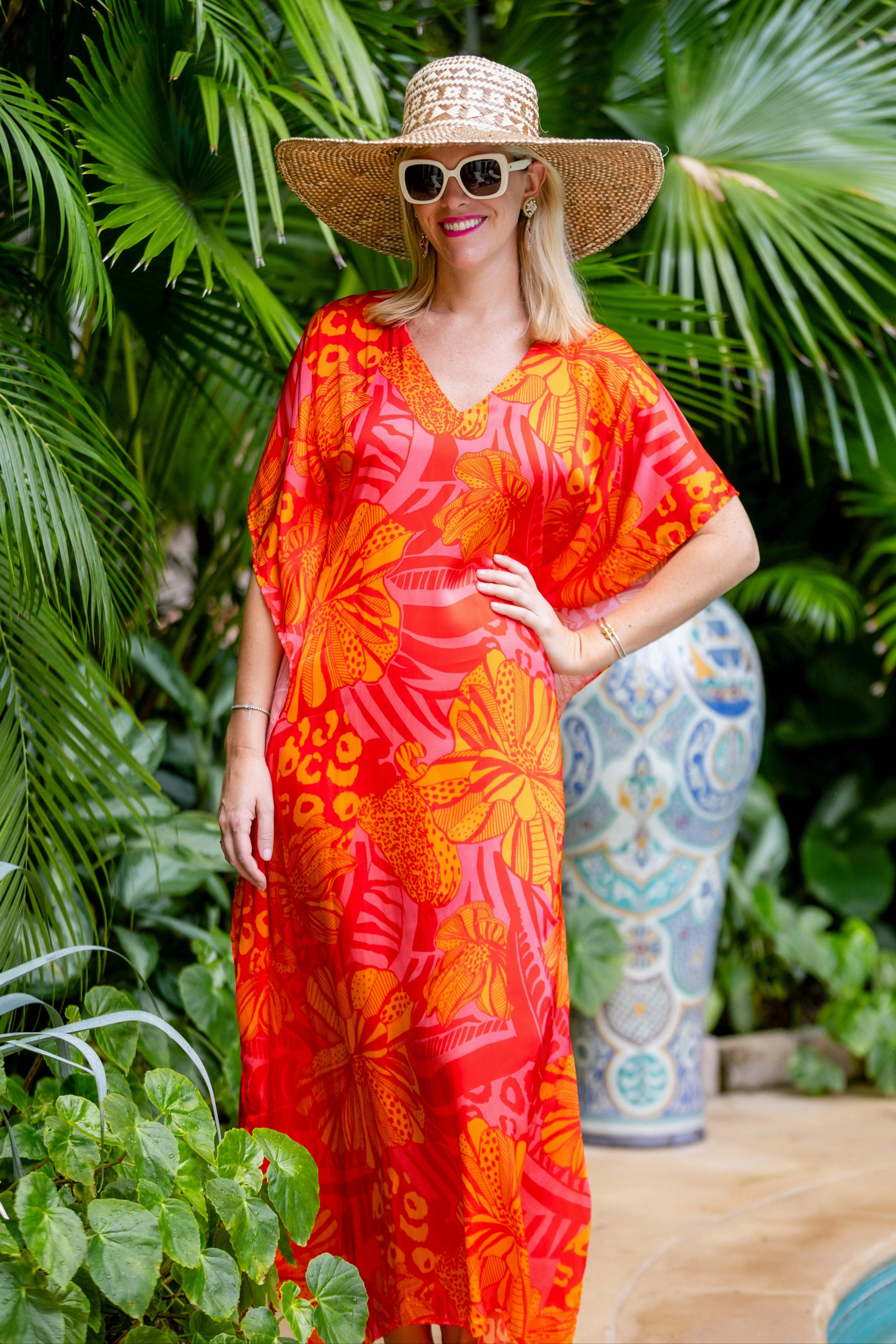 Family Warm Contrast-Lining Giovanna Kaftan / Orange Pink Multi