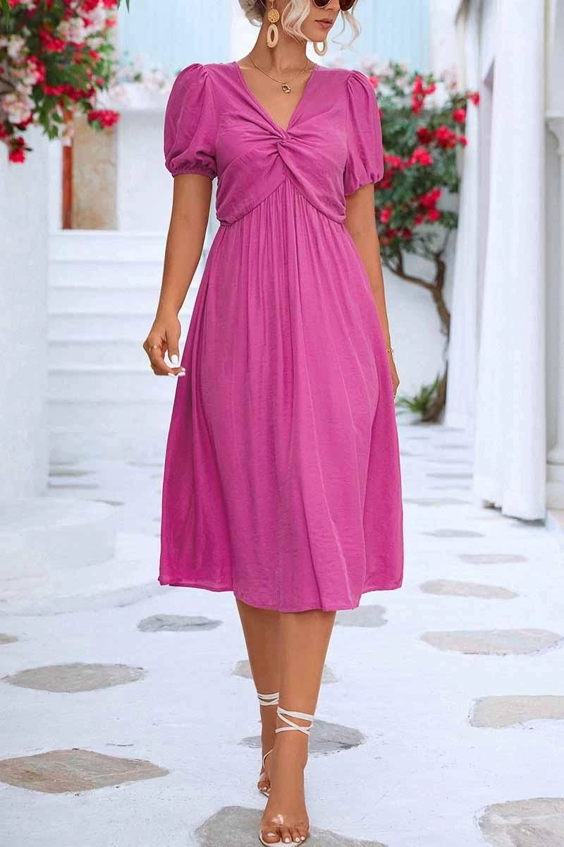 KINK V NECK BALLOON SLEEVE RUFFLED MIDI DRESS Matte Look