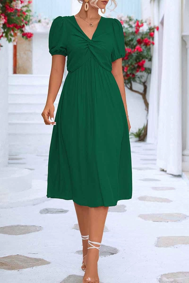 Perfect Day-to-Night KINK V NECK BALLOON SLEEVE RUFFLED MIDI DRESS
