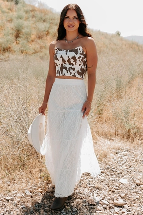 Golden Haze Floral Lace Tiered Maxi Skirt (Off White) Bold Finish