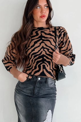 Gone To Far Animal Print Sweater (Camel/Black) DurableBlend Active Look