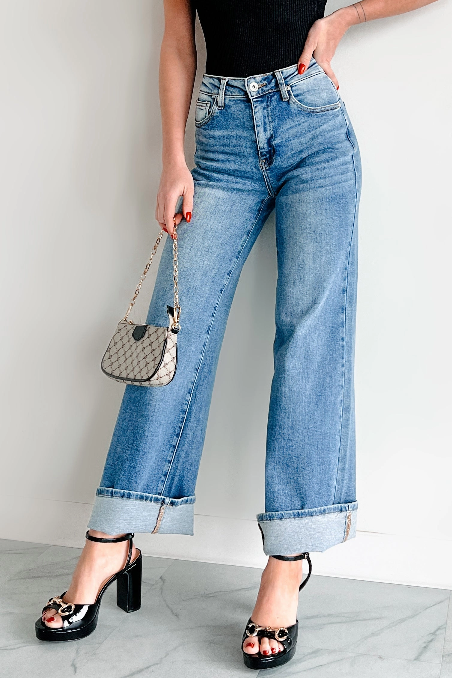 Gordie Mid Rise Special A Cuffed Wide Leg Jeans (Dark) SturdyBeltLoops Fit For Movement