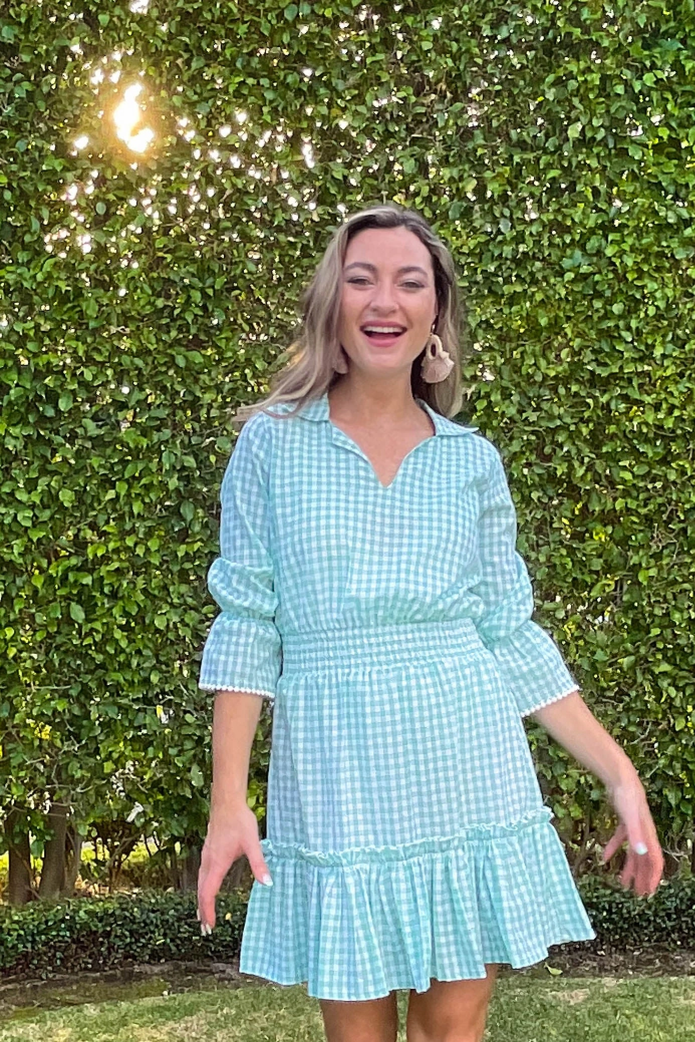 Bold Simplicity Cinched-Waist Mia Dress / Lime Gingham