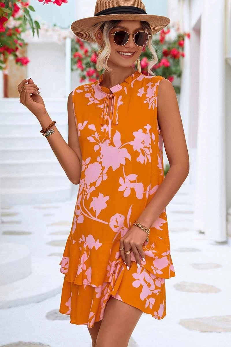 NATURE PATTERN TIED NECK SHORT RUFFLED DRESS Romantic Style