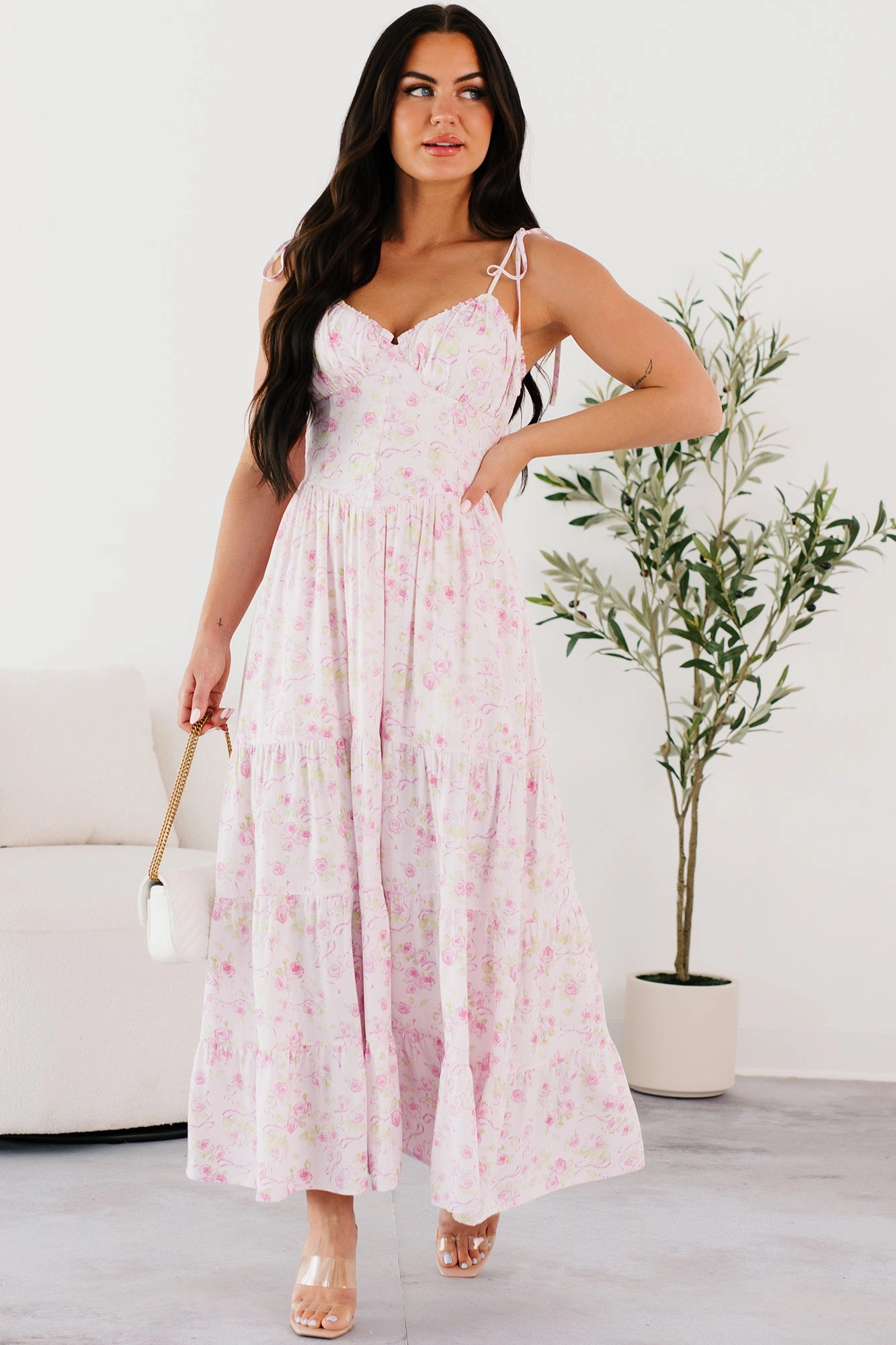 Relax Fit Festival Mood Rosy Days Sleeveless Floral Maxi Dress (Light Pink)