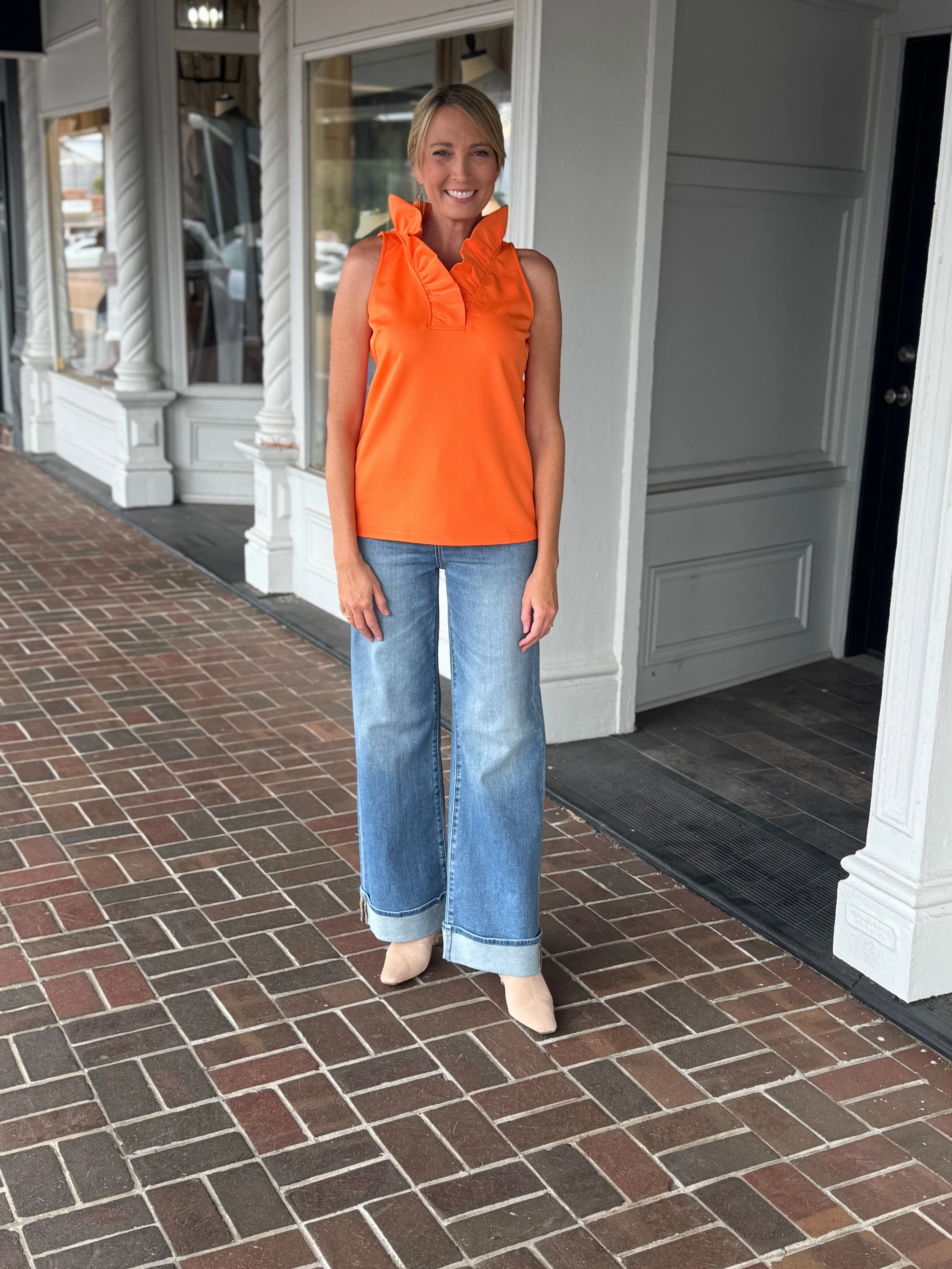 Summer Outfit Smooth Detail Gretchen Scott Jersey Sleeveless Ruffneck Top in Orange