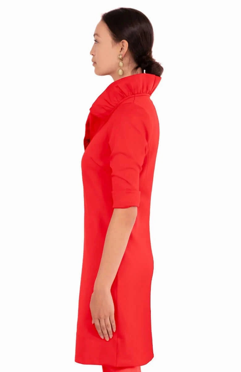 Gretchen Scott Ruffneck Dress in Crimson Layered-Sleeve