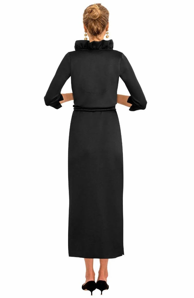 Gretchen Scott Ruffneck Maxi Dress in Black CrinkleResistantWeave