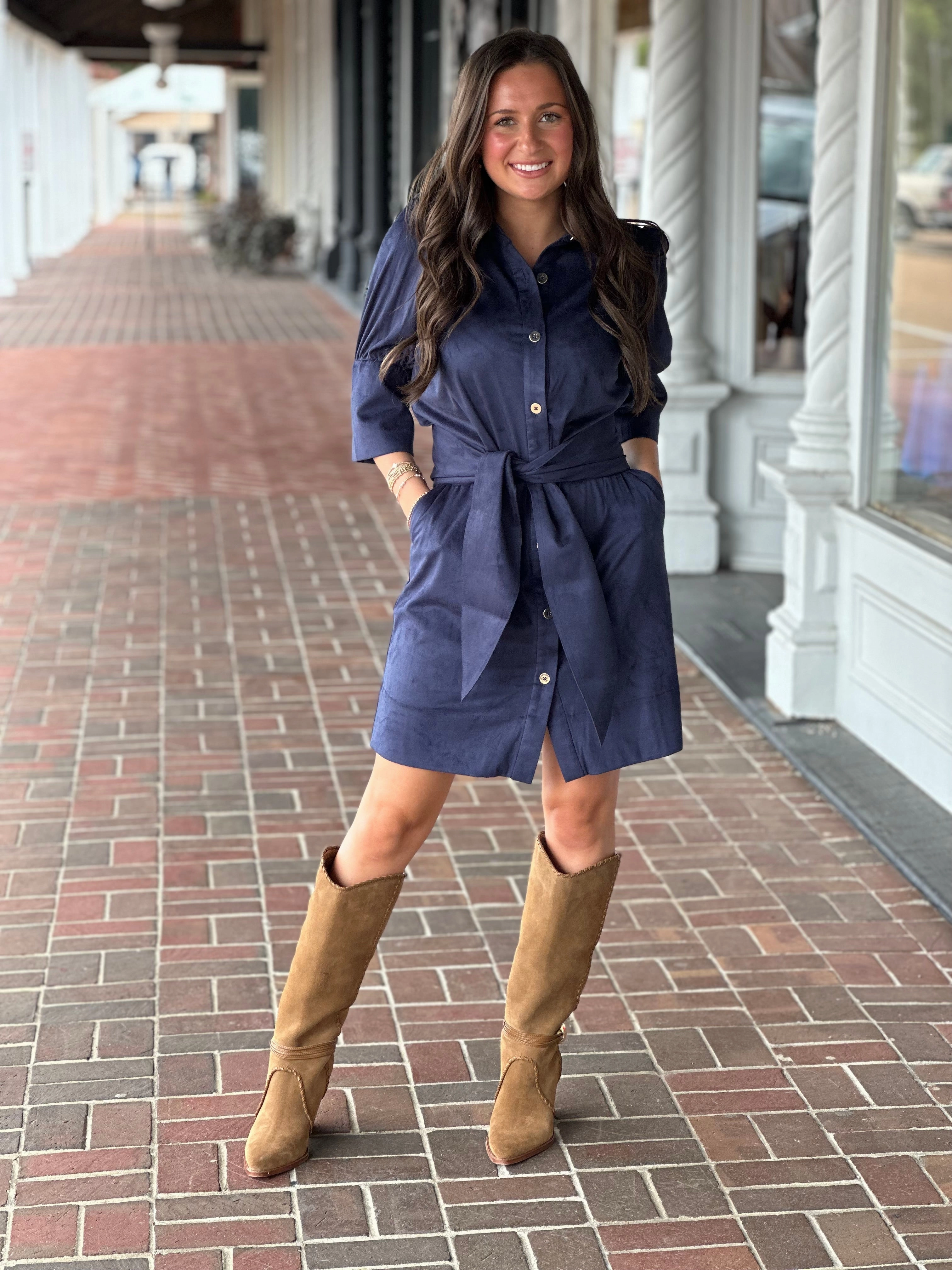 Chain-Detail Gretchen Scott Swagger Dress in Ultra Suede Navy