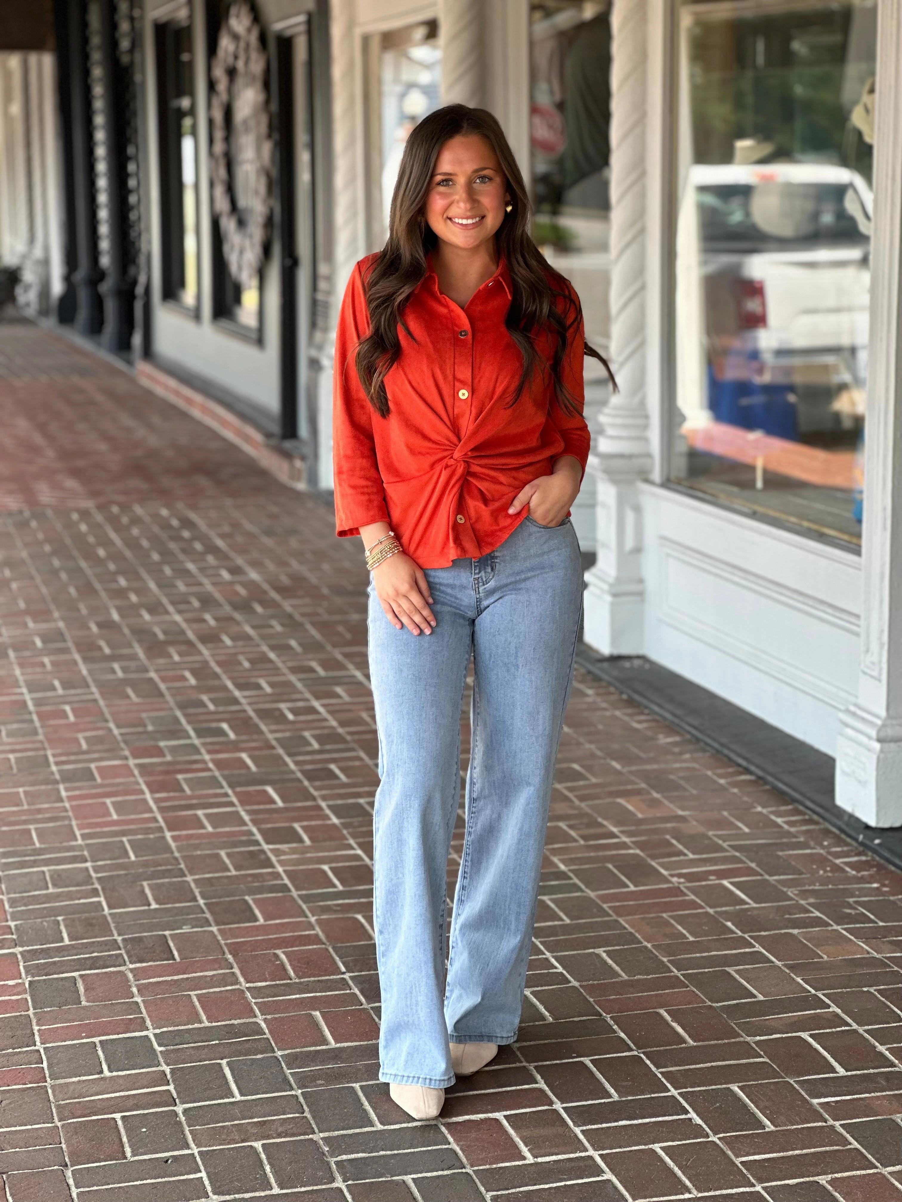 Gretchen Scott Twist & Shout Top in Ultra Suede Orange Cool Texture