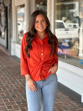 Gretchen Scott Twist & Shout Top in Ultra Suede Orange Quiet Sweet