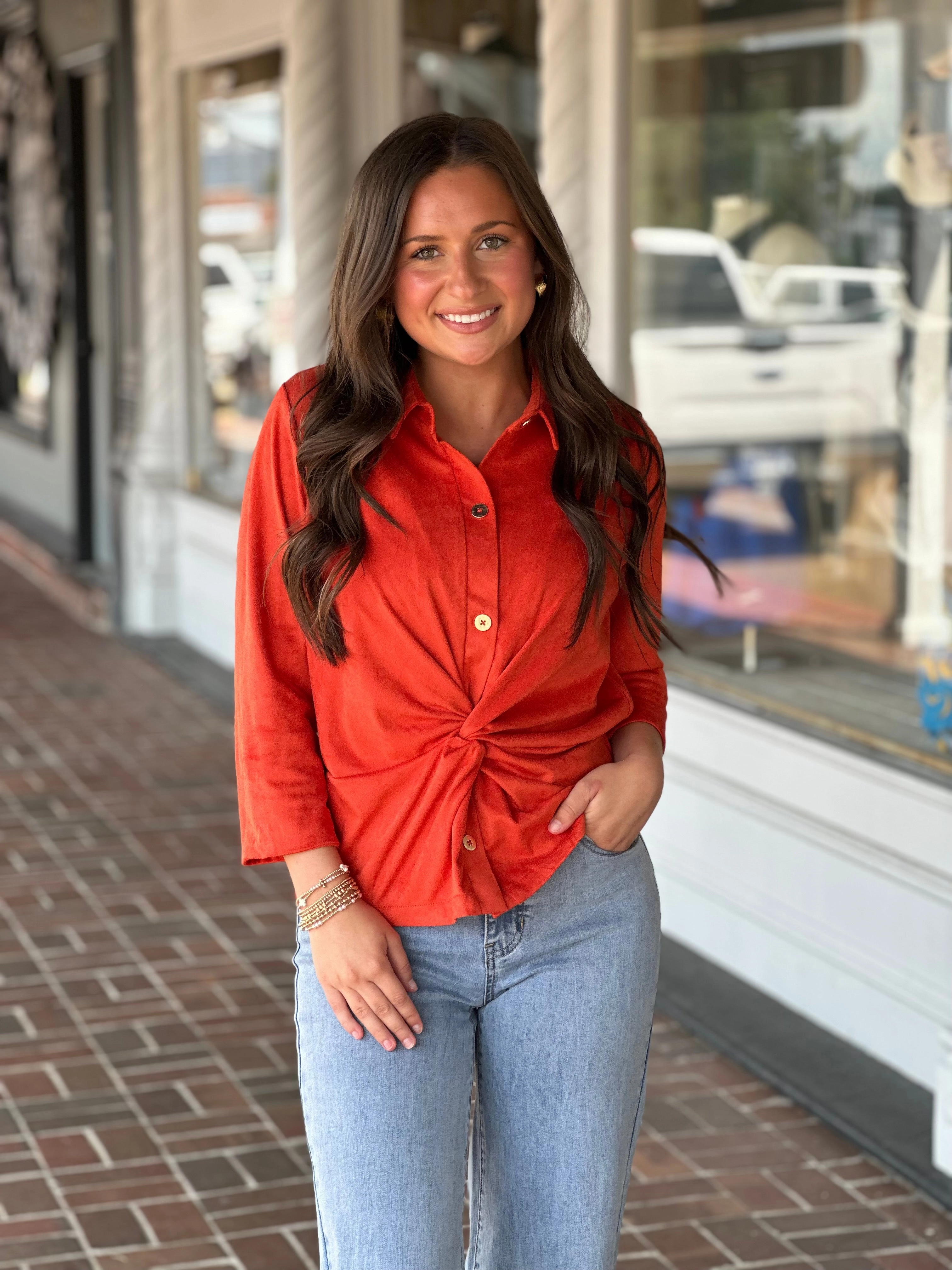 Gretchen Scott Twist & Shout Top in Ultra Suede Orange Quiet Sweet