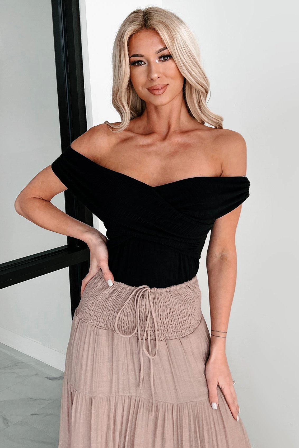 Had Me At Hello Off The Shoulder Ribbed Cross-Over Bodysuit (Black) Sustainable Manufacturing Relaxed Tank